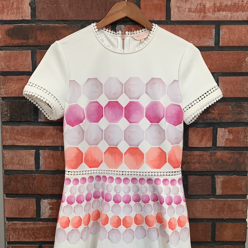 Ted Baker White Dress with Pink, Coral and Blue Hexagon Print - Picture 5 of 14